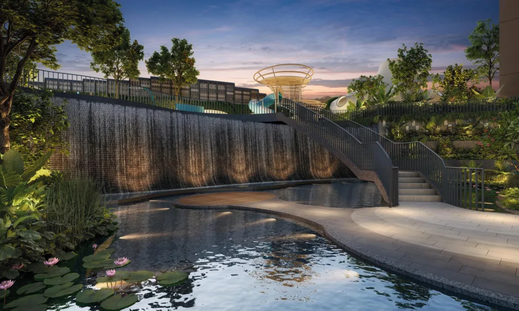 tengah garden residences pond with water feature wall